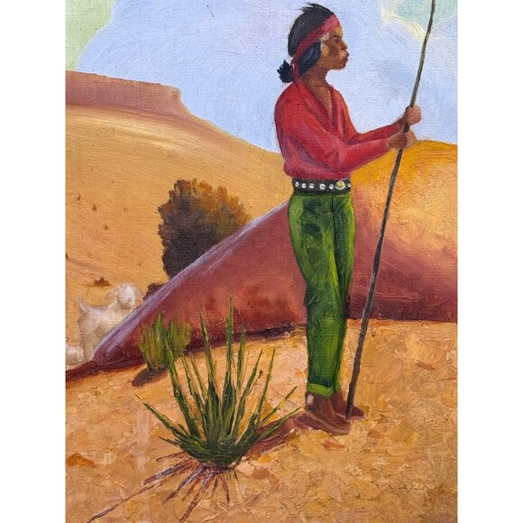 Vintage 1981 Cee Cee Oil Painting Of Native American Man Desert Landscape READ - Picture 3 of 8